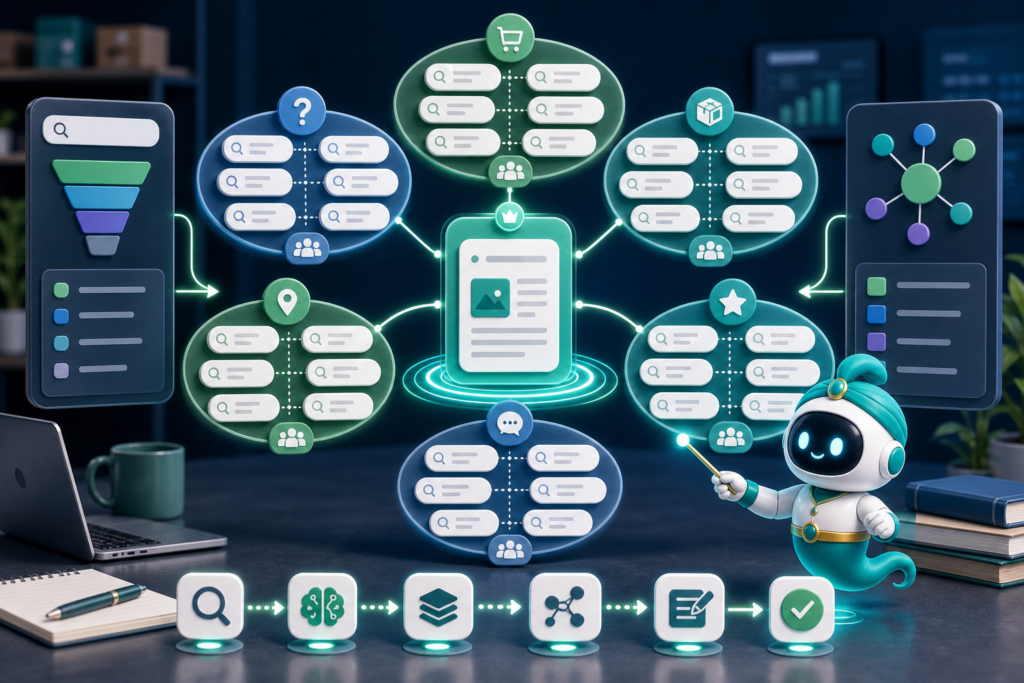 AI SEO ทำ keyword clustering พร้อมจินนี่และแผนผัง pillar cluster