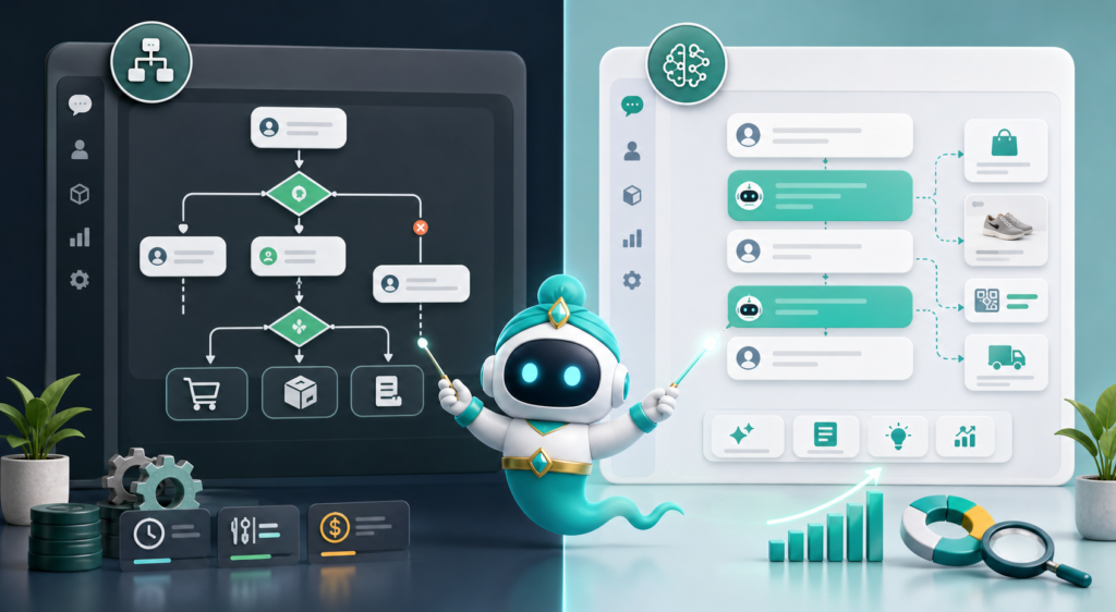 ภาพเปรียบเทียบ rule-based chatbot กับ AI chatbot พร้อมมาสคอตจินนี่